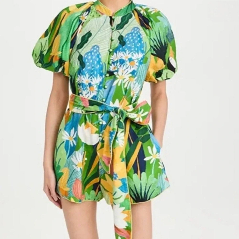 Farm Rio Tropical Print Romper Size S‎ New Without Tags Belted Shorts Jumpsuit - Picture 2 of 7